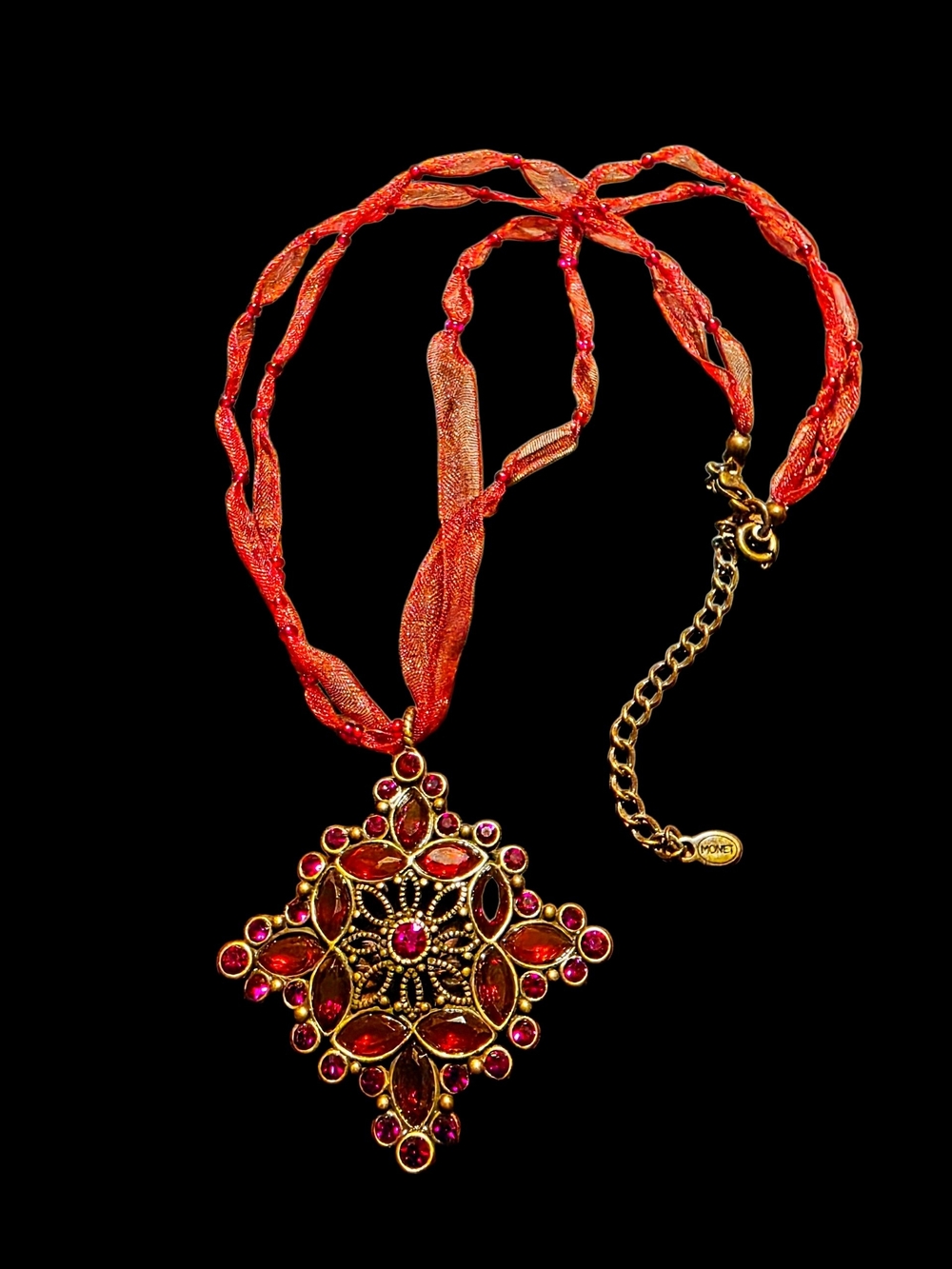 Monet Vintage Ornate Red Jewel Cross Necklace